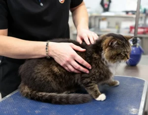 Cat groomer trimming a cat's nails in a clean, professional grooming salon.