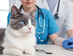 Veterinarian examining a cat’s heart with a stethoscope to detect heart disease symptoms